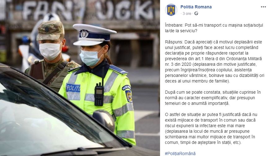 Poliția Română explică pe Facebook dacă puteți să vă duceți soțul sau soția la serviciu cu mașina. Acest lucru se poate întâmpla doar dacă nu există mijloace de transport în comun sau dacă deplasarea la locul de muncă ar presupune schimbarea mai multor mijloace de transport în comun sau un timp de așteptare mai mare.