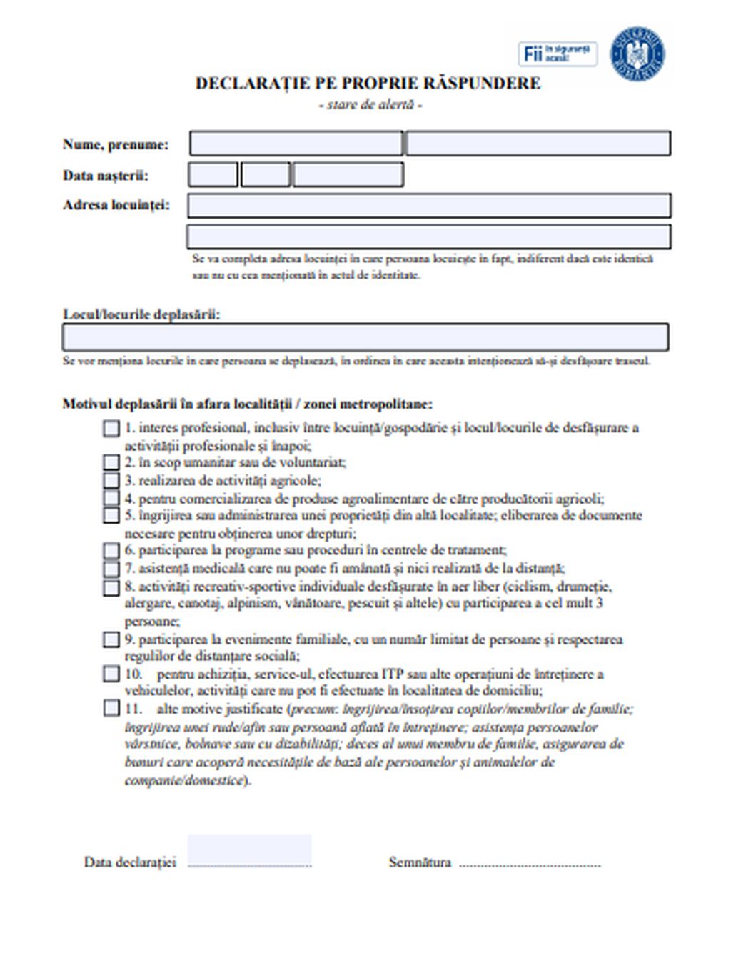 Declarația pe proprie răspundere în stare de alertă a fost modificată! Ce motiv important a fost adăugat și cum o completăm.